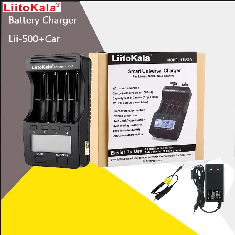 

LiitoKala Lii-500S 500 18650 Зарядное устройство с ЖК-дисплеем для 26650 16340 18350 3,7 В 1,2 В Ni-MH Ni-Cd Литий-ионный тестовый аккумулятор емкостью + автомобиль