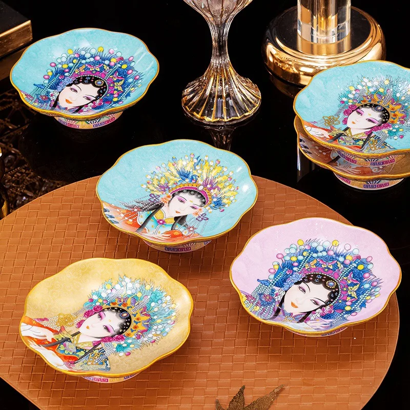 New enamel color high foot tea small fruit dish, classic four beauty Dim sum dish, Jingdezhen high-grade pastry dish