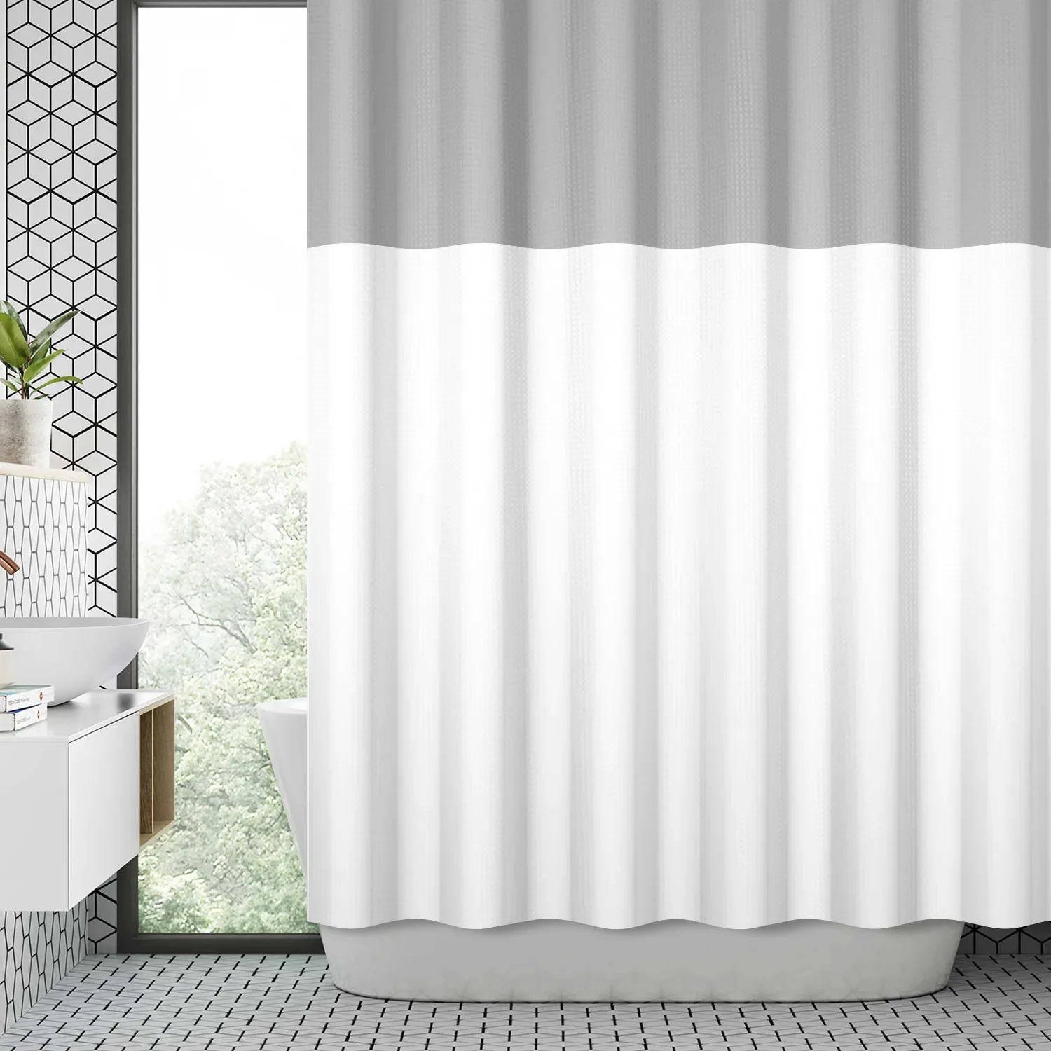 Waffle Shower Curtains Modern Hotel Style Striped Geometric Pattern Bath Decor Waterproof Polyester Bathroom Curtain with Hooks