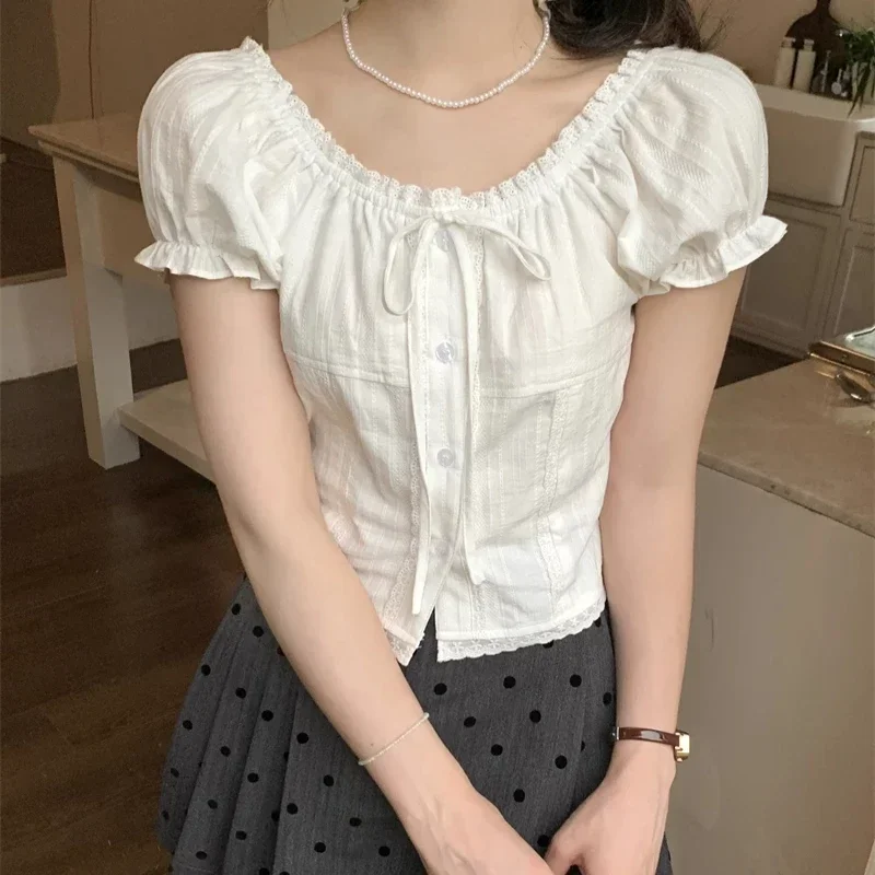 

Lace Ruffles Blouses Solid Puff Sleeve Spring Summer Sweet Korean Fashion Chic Women Shirts White Short Blusas Mujer