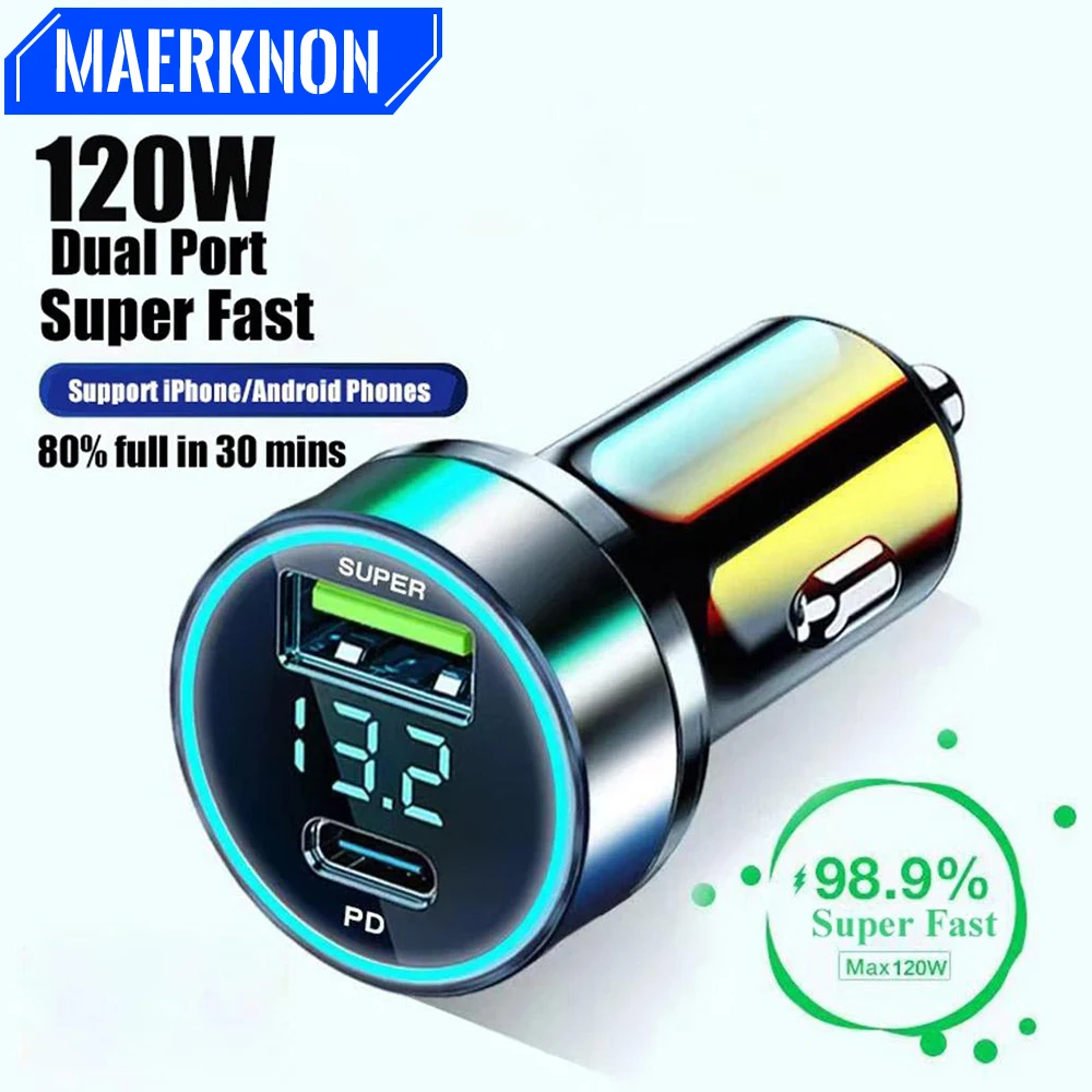 PD 120W Car Charger Super Fast Charge Adapter Type C Dual USB 120W Portable For IPhone 14 Pro Max 13 12 11 IPad Airpods OnePlus