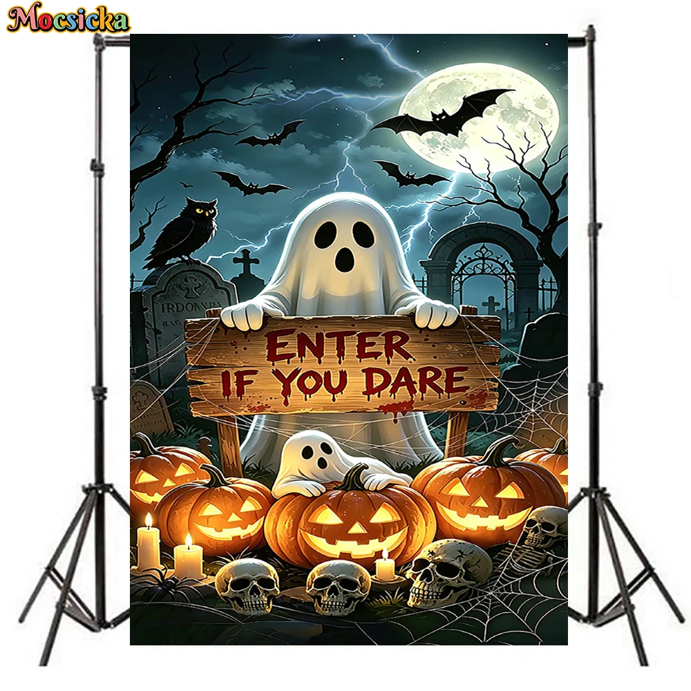 Mocsicka Halloween Ghost Photography Backdrop Enter If You Dare Graveyard Pumpkin Photo Background Spooky Party Kid Studio Props