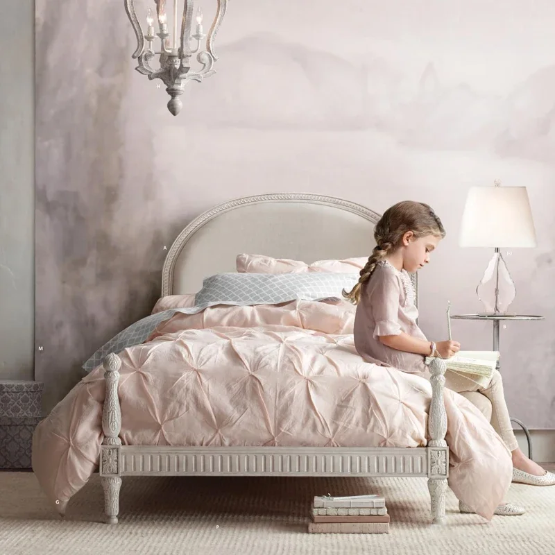 French children's solid wood bed American art engraving single bed modern simple fabric soft rely on girls bedroom furniture