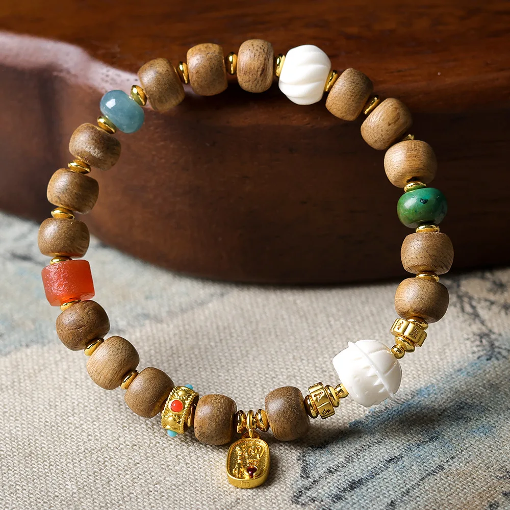 

Original Design Huangqinan Agarwood Drum Bead Bracelet Antler-Shaped Small Beads Agate Barrel Beads New Chinese Style Bracelet