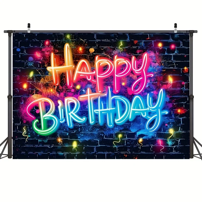 Glow Happy Birthday Background Neon glow splashed graffiti on a brick wall decorated in the dark party