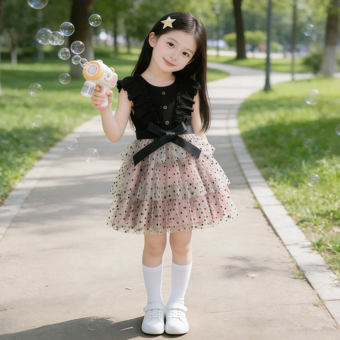 Women's treasure polka dot dress summer 2026 new style children's super beautiful mesh princess dress