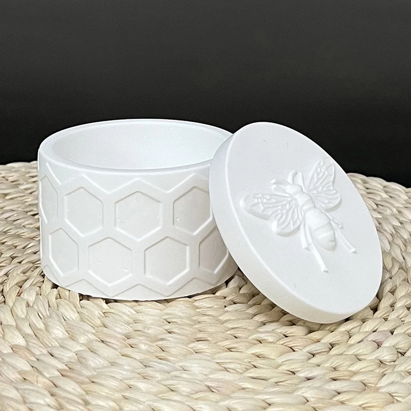 Diy abelha jar caixa de armazenamento de jóias com tampa molde de silicone gesso resina molde aroma vela jar cimento argila gesso molde decoração para casa