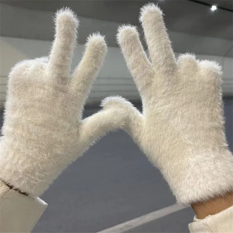 

Fashion Winter Imitation Mink Velvet Five Finger Gloves Outdoors Cycling Solid Color Mittens Candy Color Touch Screen Gloves