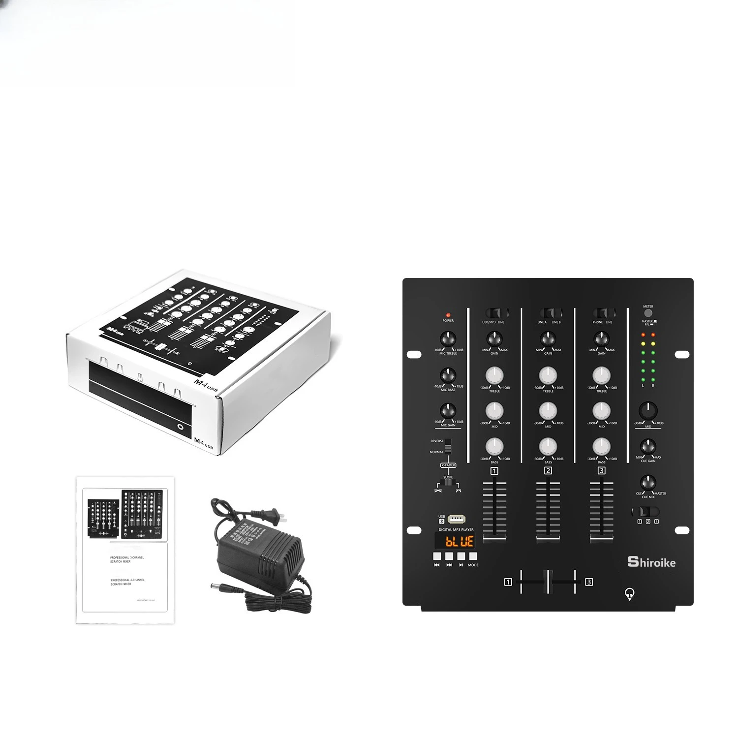 4-Channel DJ Mixer, Professional KTV Stage Audio Mixing Console, 4 Channels, USB Interface, Built-in Effects, DJ Equipment