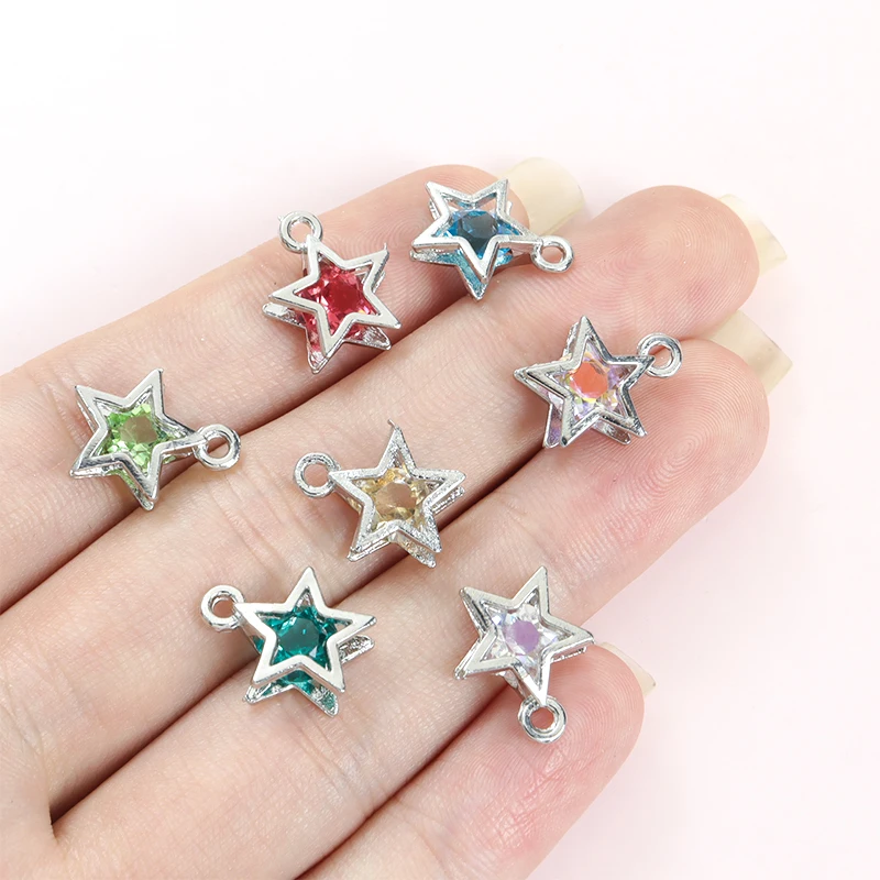 10 Stück 3D hohle Pentagramm-Charms mit integrierten mehrfarbigen Strasssteinen, Trend-Halskette, Armband, Ohrringe, DIY, zarter Stern-Anhänger