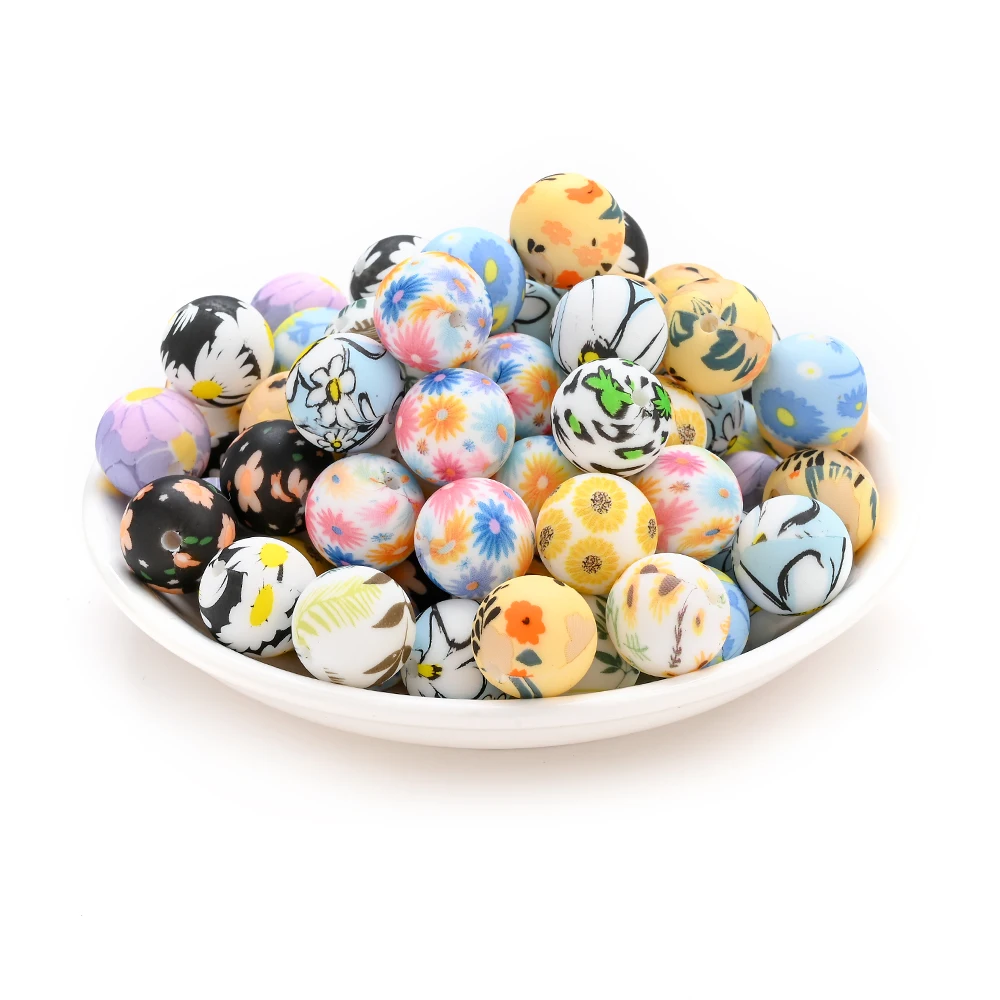 10Pcs Flower Printed Silicone Beads 15mm Floral Round Silicone Beads For Pacifier Chain Holder Clips Jewelry Making DIY
