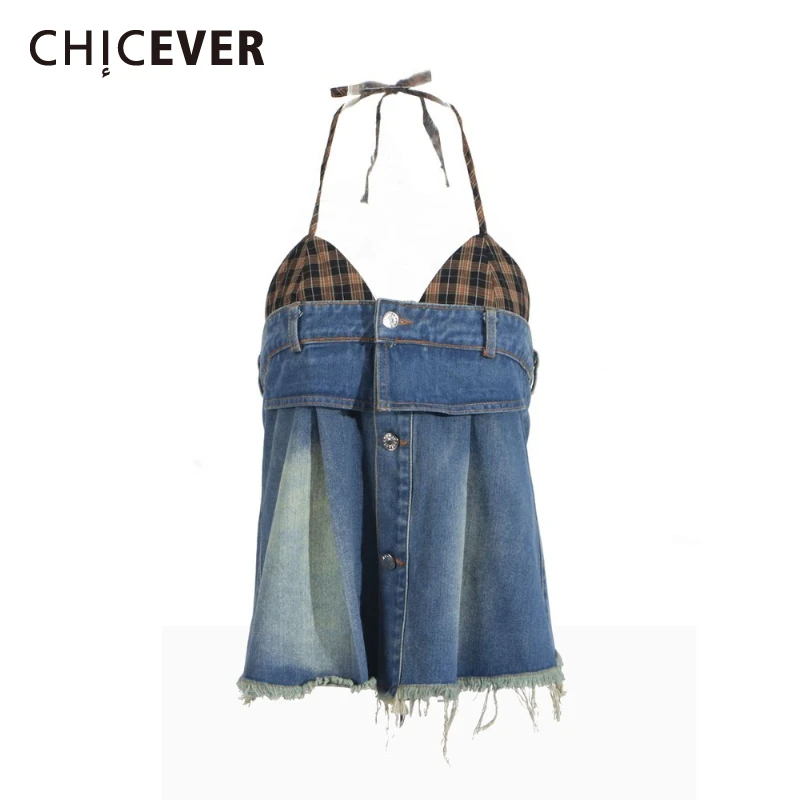 CHICEVER Hot Girl Patchwork Check Denim Vest for Women Later Sleeveless Spliced Single Breasted Streetwear Style Camisole Female