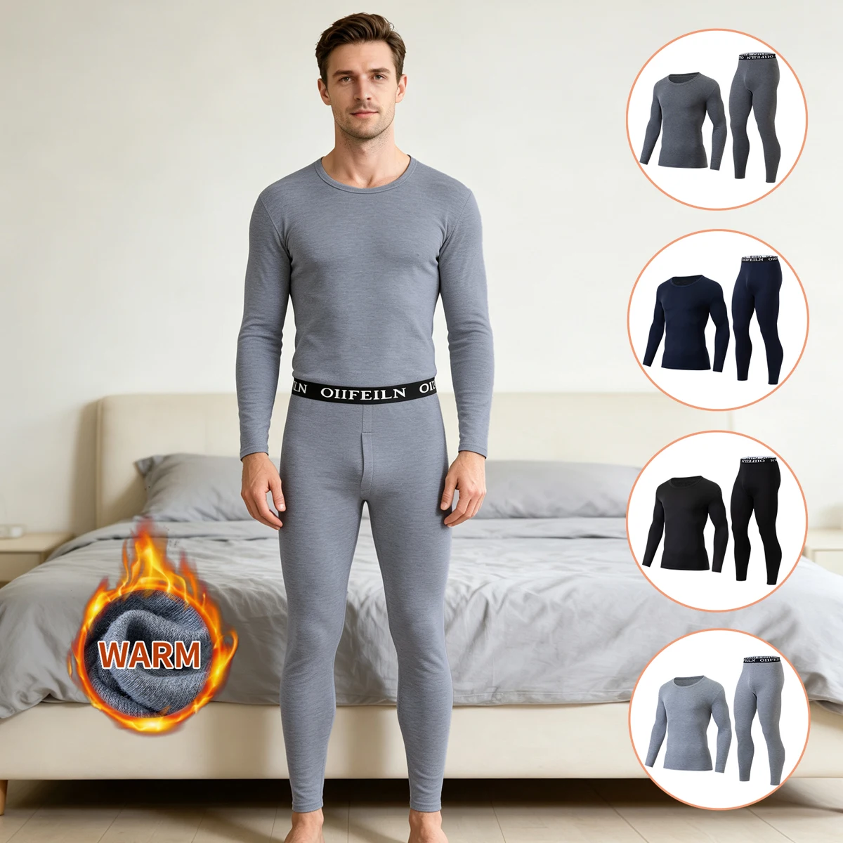 Men's Autumn/Winter Warm Underwear Set Solid Color Multi Color Round Neck Long Sleeve Top Letter Elastic Waist Casual Pants