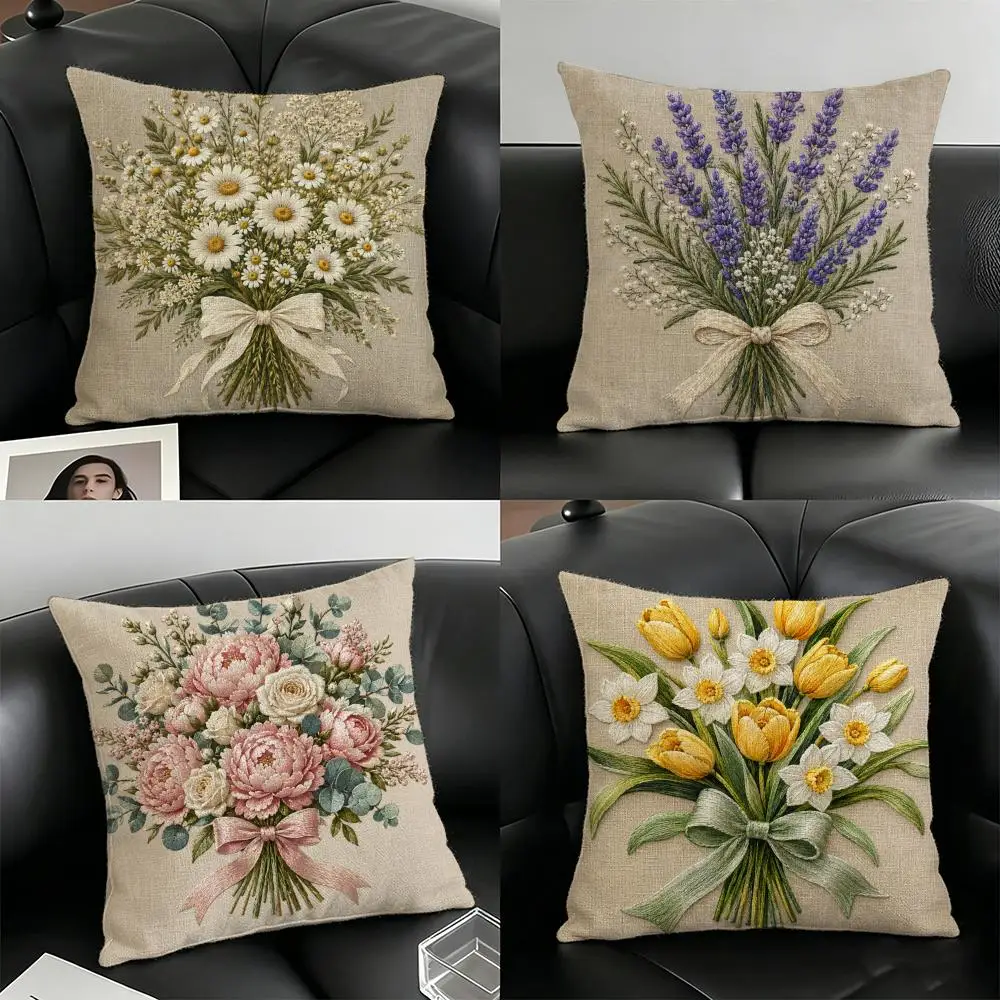 Lily Of The Valley Cushion Cover Natural Linen Organic Fabric Double-Sided Printing Breathable For Home Decor