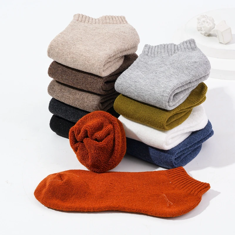 Winter New Ankle Socks Solid Color Towel Bottom Thermal Thick Japanese Vintage Womens Shallow Terry Low Cut Boat Socks