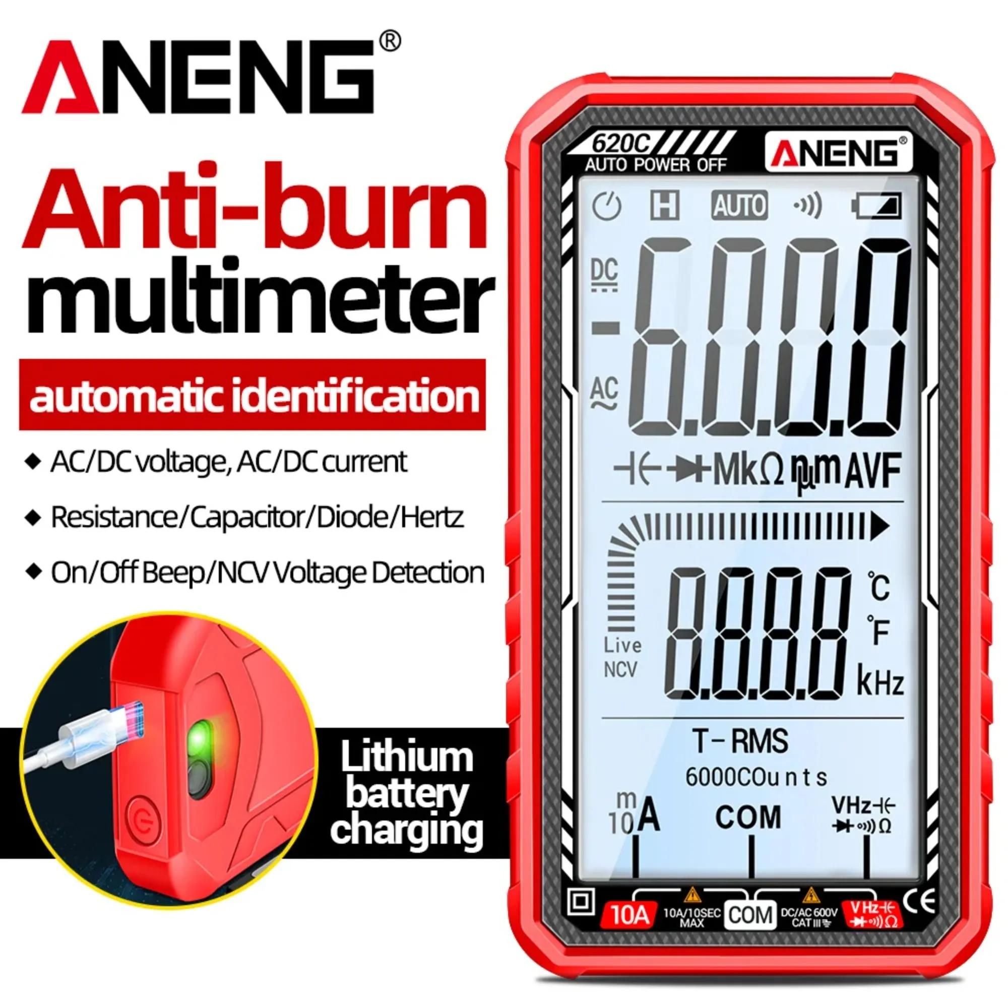 

ANENG 620C Digital Multimeters Built-in Lithium Battery 6000 Counts Meter Auto recognition 10A Tester Tools with Charging Cable