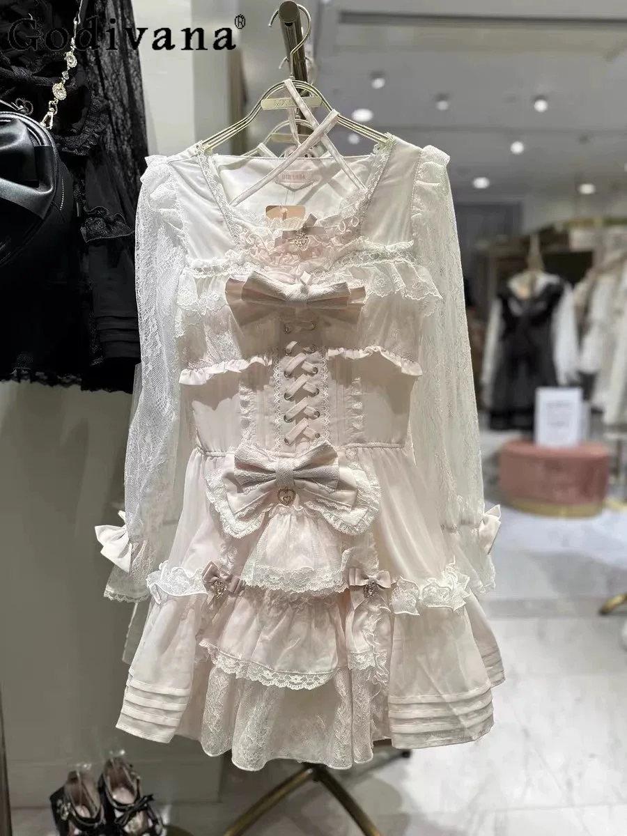 

Japanese Liz Lolita Large Size Long-sleeved Dress Mine Mass-produced Sweet Elegant Clothes Cute Bow Lace Splicing Princess Dress