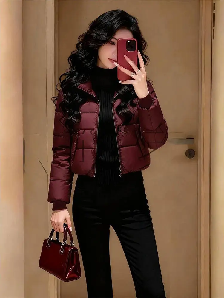 

Модная зимняя куртка из хлопка и полиэстера, теплая, роскошная, универсальная, винно-красная, трендовая, для повседневной носки, в корейском стиле, утонченная.