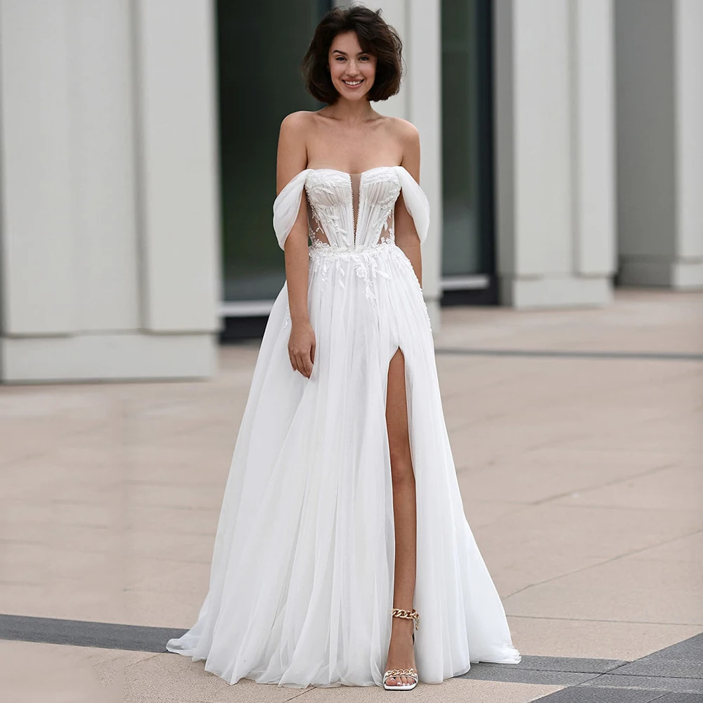 

Customized Sexy Strapless Side Slit Wedding Dresses Off the Shoulder Tulle Appliques Bridal Gowns with Backless Vestido De Novia