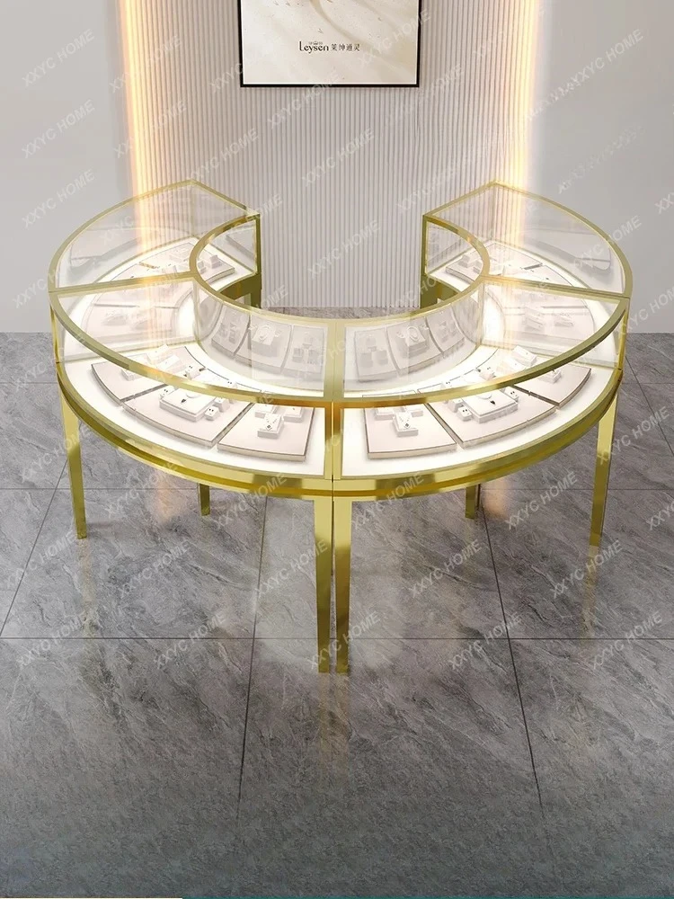 

Изогнутый1 шкаф-витрина для ювелирных изделий Золотая стеклянная стойка для ювелирных изделий Витрина из нержавеющей стали Круглая витрина для продуктов