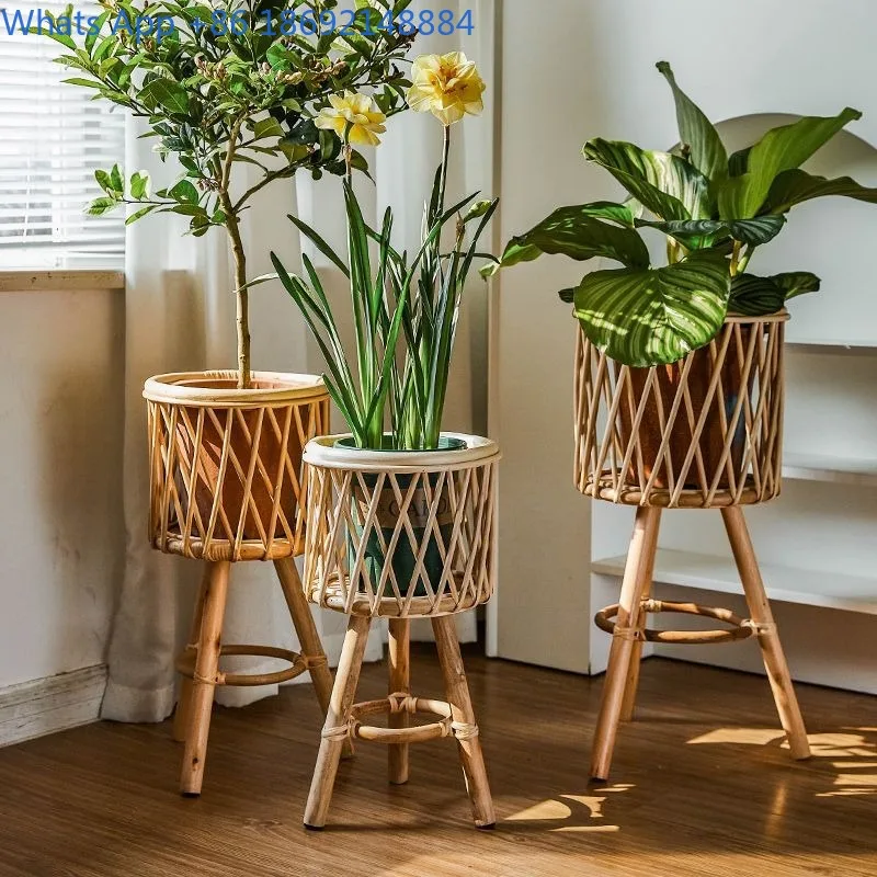 

Nordic Solid Wood Rattan Flower Stand Living Room Floor-standing Bamboo Storage Rack Corner Balcony Flower Pot Shelf