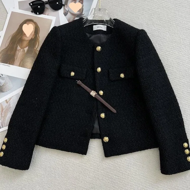 

Осень/зима 2022, новая приталенная короткая стильная куртка с карманами и пуговицами, женская миниатюрная твидовая куртка во французском стиле с круглым вырезом