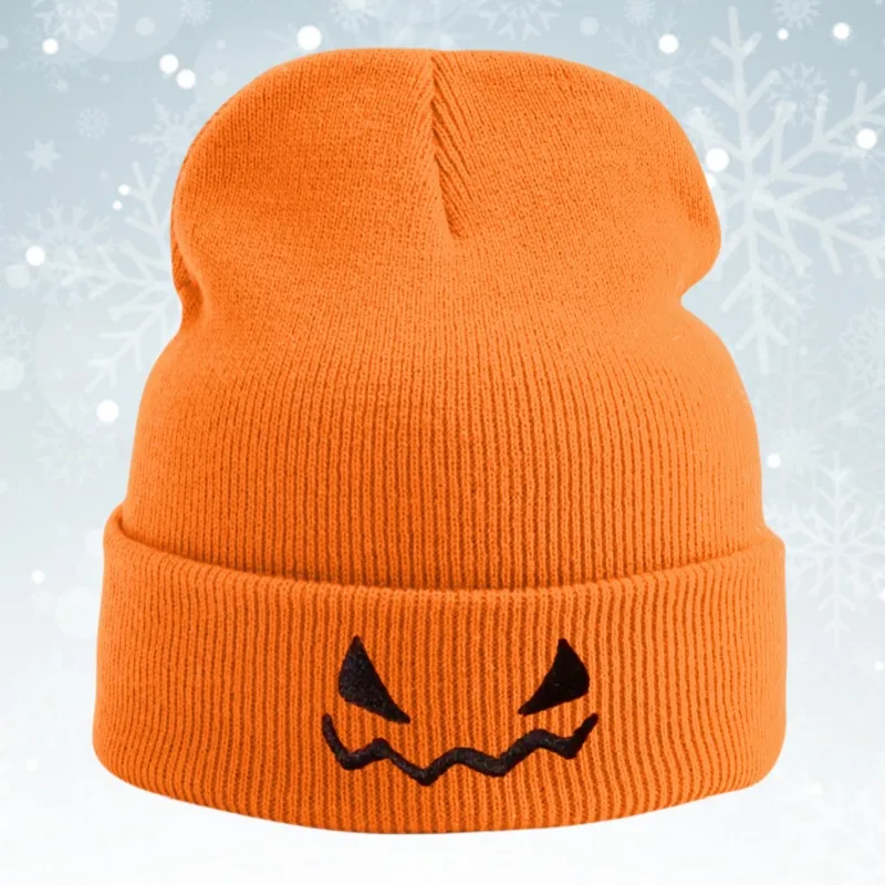 Halloween Pumpkin Devil Embroidered Knitted Hat Cross-border Autumn and Winter Warm Wool Hat Hats for Women Frog Hat Bucket Hat