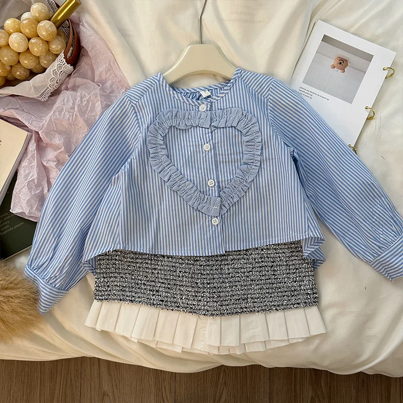 Blouses Girl Shirt Autumn New Children Korean Vertical Bar Short Baby Easy Tops Simple Fashion 2024 Round Collar Loose