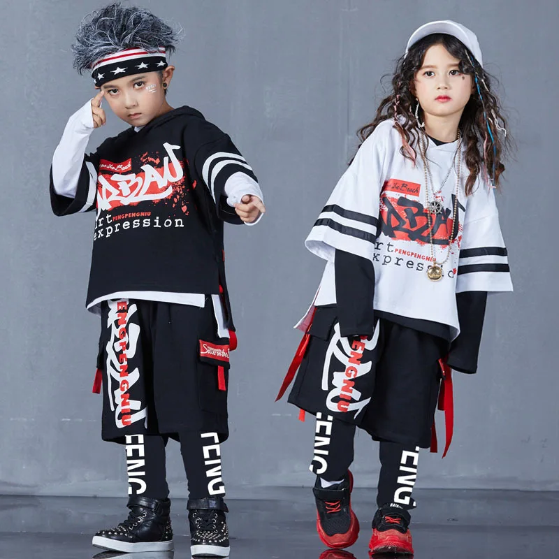 Children's Hip-hop Costumes Girls' Jazz Dance Rehearsal Costumes Black Spring and Autumn Boys' Skateboard Costumes4-piece Set