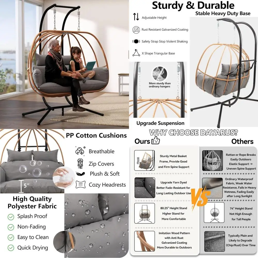 كرسي أرجوحة على شكل بيضة لشخصين في الهواء الطلق مع وسائد، كرسي سلة معلق من الروطان المقلد للاسترخاء #1