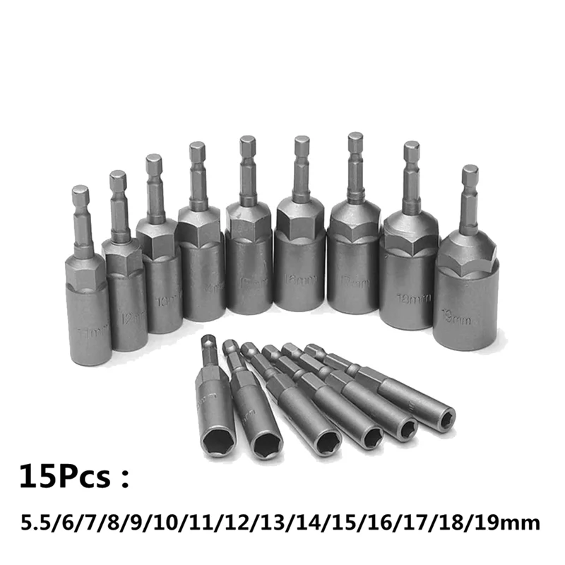15Piece 80Mm Length Deepen Power Nut Driver Drill Bit Set 5.5-19MM Gray-Black For Power Tools 6.35MM Hex