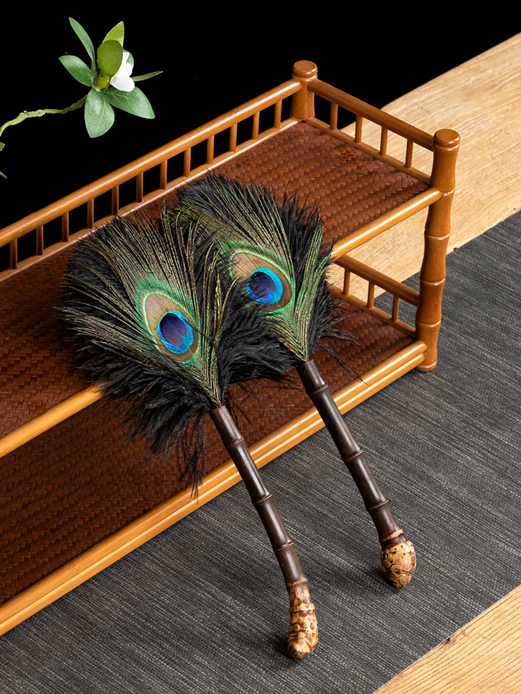 Peacock feathers ostrich feather, electrostatic dust remove brush, Purple Bamboo Root, Duster, desktop cleaning brush, Gray