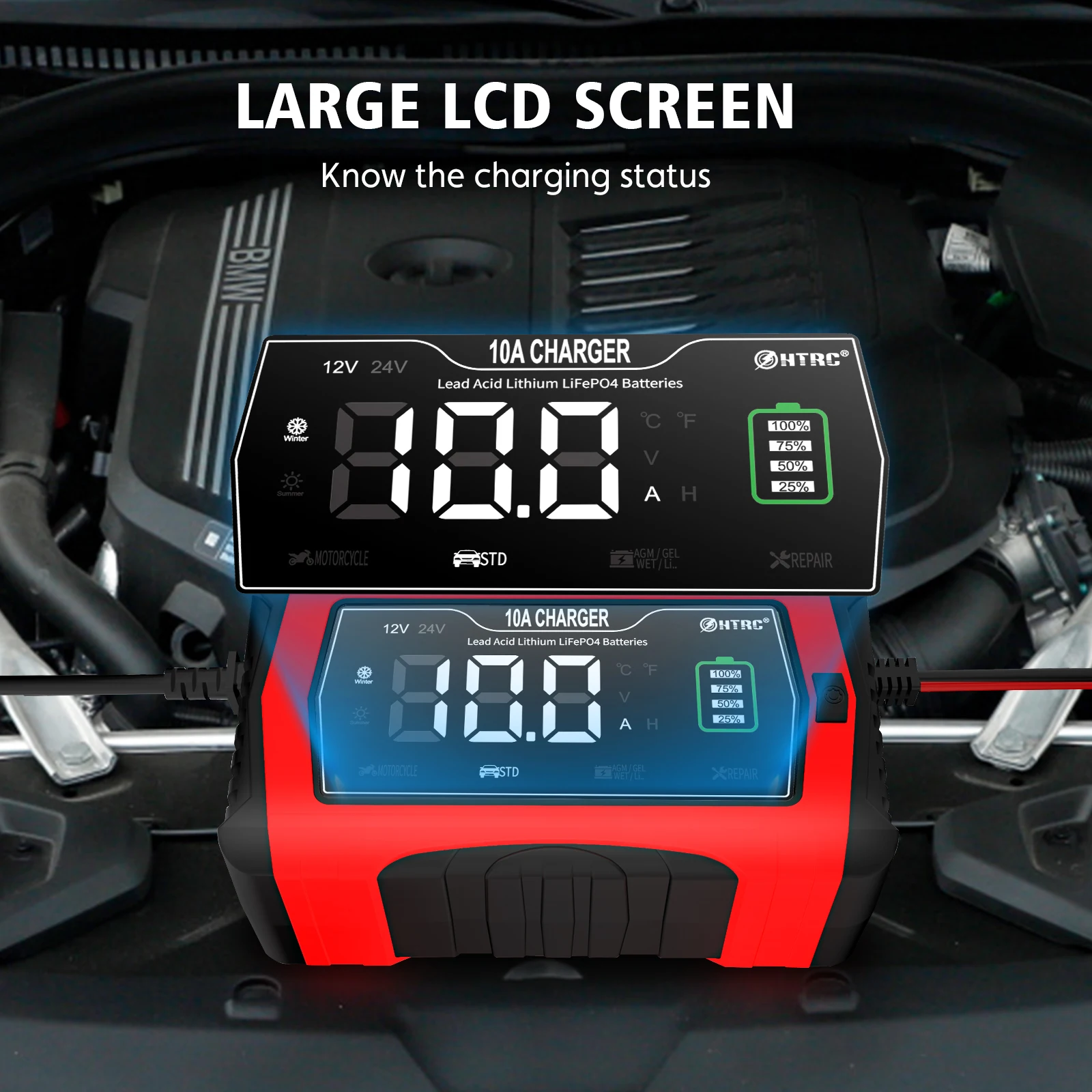 HTRC 10A 12V 24V Car Battery Charger for Motorcycle Lithium LiFePO4 Lead-Acid AGM Gel WET Automatic Pluse Repair Charger