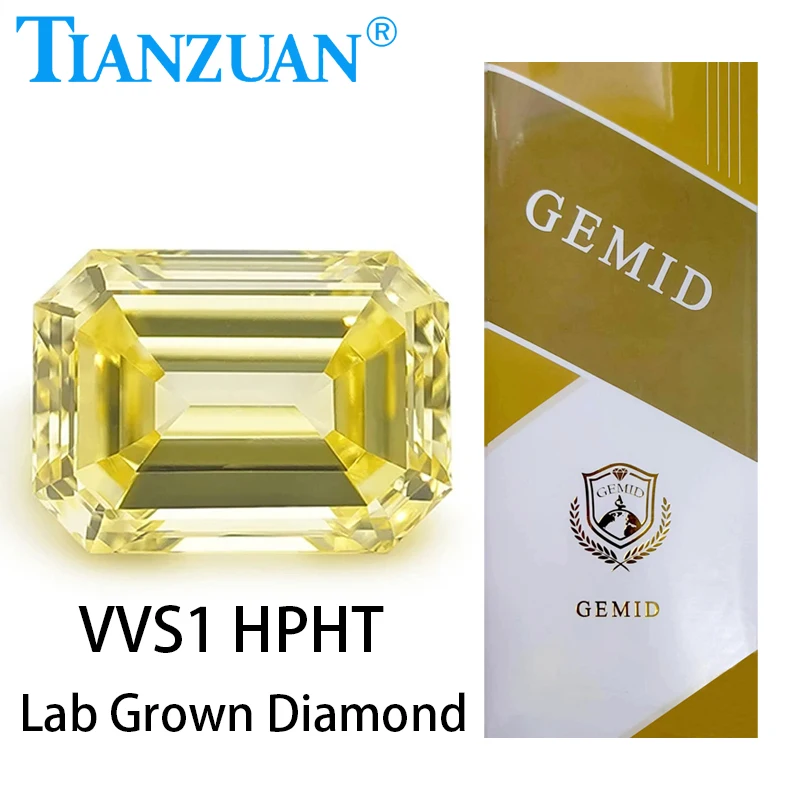 

Lab Grown Diamond HPHT Emerald Cut Fancy Vivid Yellow Color 0.5ct VVS1 2EX Loose Gemstone Bead with GEMID Certificate