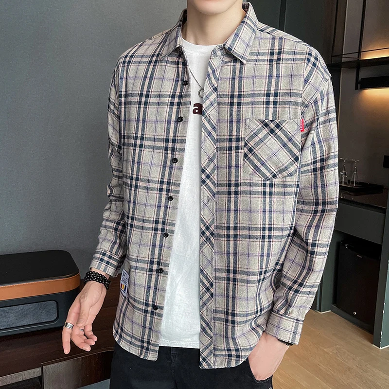 Camisa a cuadros de manga larga para hombre, chaqueta ajustada coreana, camisa informal de tendencia para estudiantes, forro