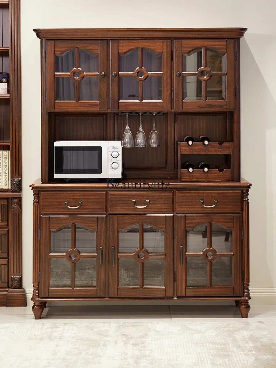

01American all solid wood black walnut side cabinet three-door wine cabinet cabinet