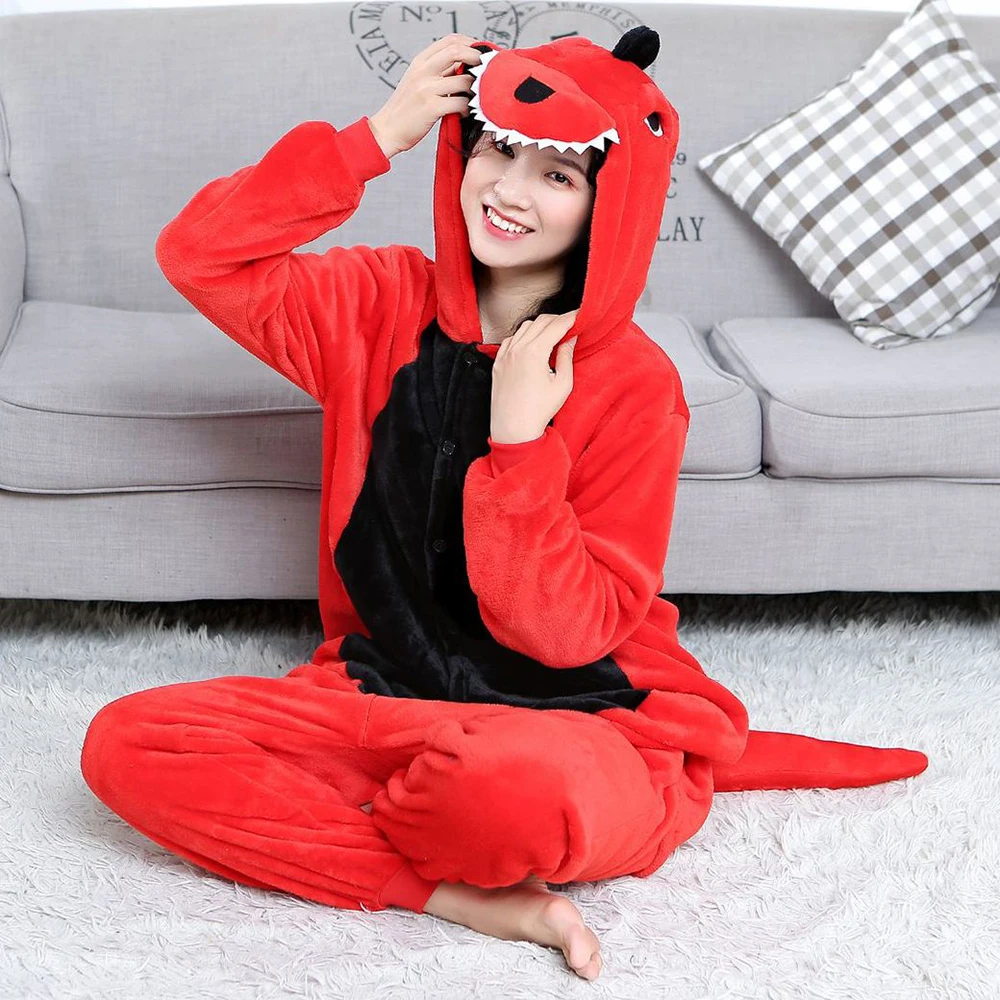 Cartoon Red Dinosaur Pyjamas Onesie Sleepwear Women Men Jumpsuits Nightgown Unisex Adult Kids Sleepwear Flannel Cosplay Costume