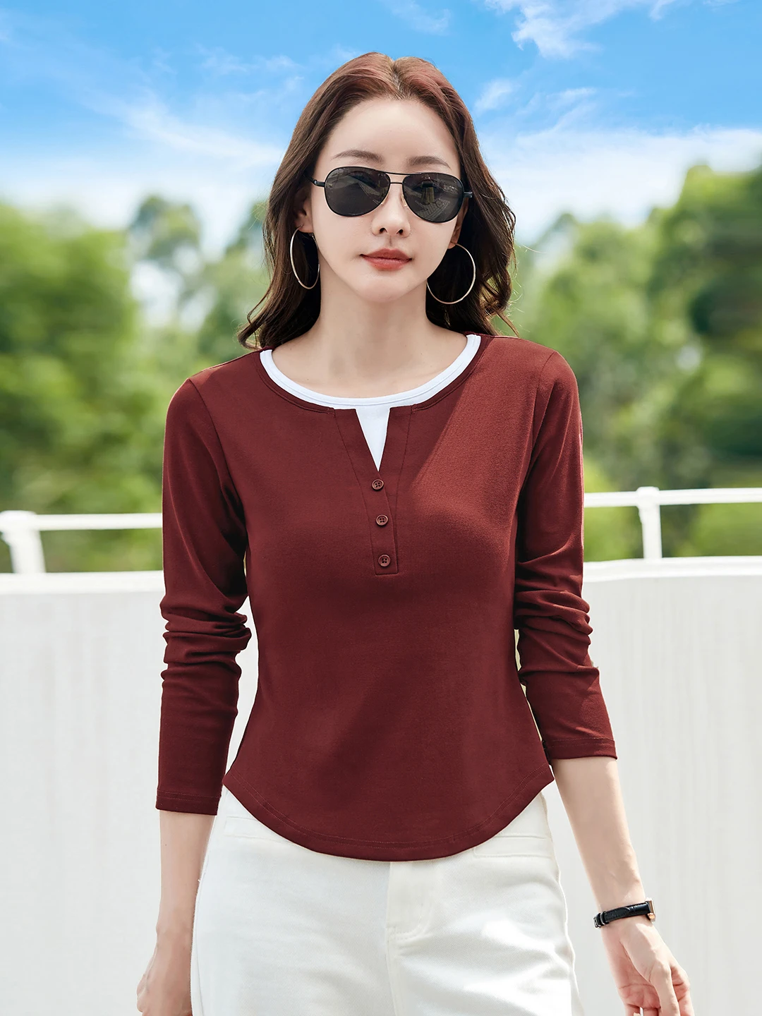 

Ele Simple Long Sve Fake Two-Piece T-irt Women's Base Layer Top plus Size Fat MM Mom's Faion Trendy Commute Sle