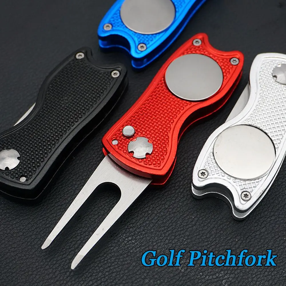 Stainless Steel Golf Divot Repair Switchblade Tool Pitch Groove Cleaner Magnetic Golf Pitchfork Putting Green Fork Golf Training