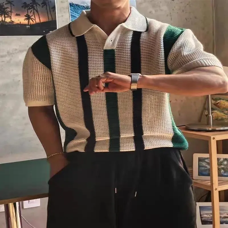 Fashionable Hollow Knitted Polo Shirt for Men Contrast Striped Short-sleeved Pullover Mesh See-through Button Patchwork Sweater view 2