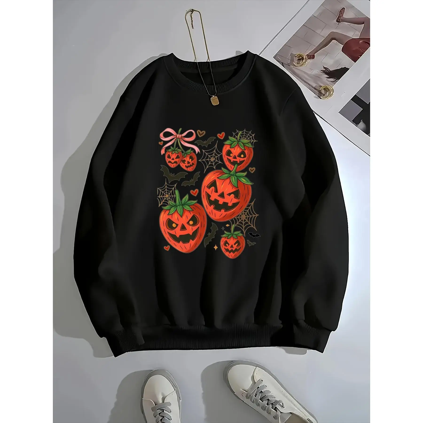 

Oversized Halloween Strawberry Pumpkin Graphic Sweatshirt for Women, Spooky Fruit Print Crewneck Top, Funny Fall Holiday Gift