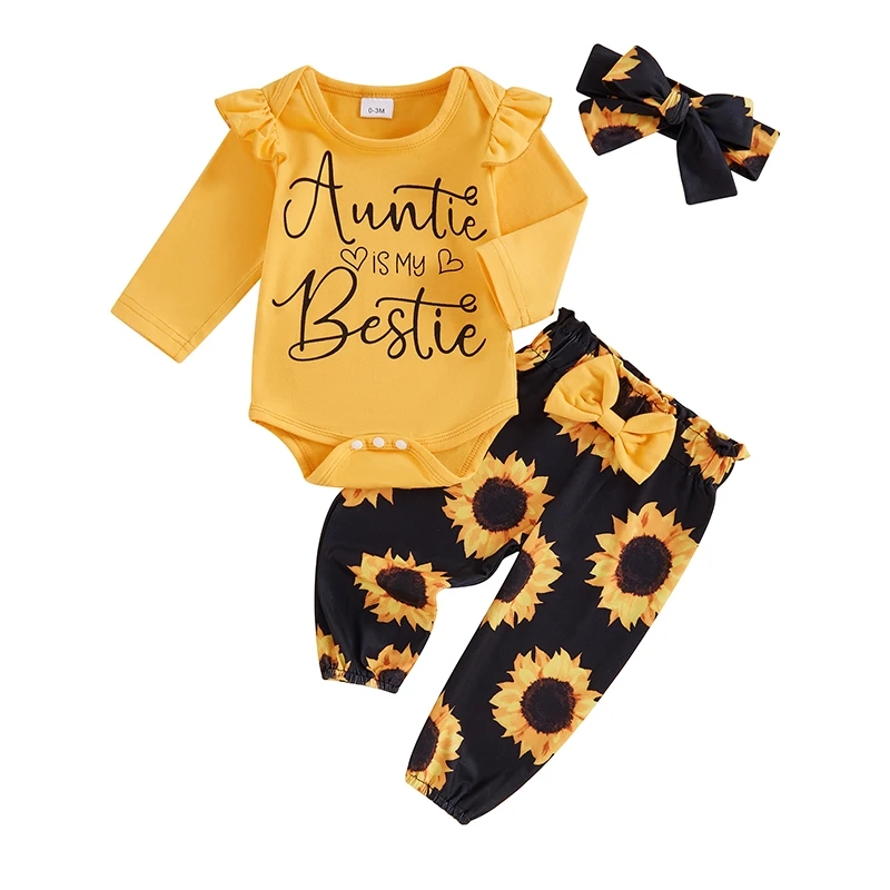 

Newborn Infant Baby Girl Clothes Ruffle Long Sleeve Sunflower Print Romper and Pants with Headband 3PC Clothes Set