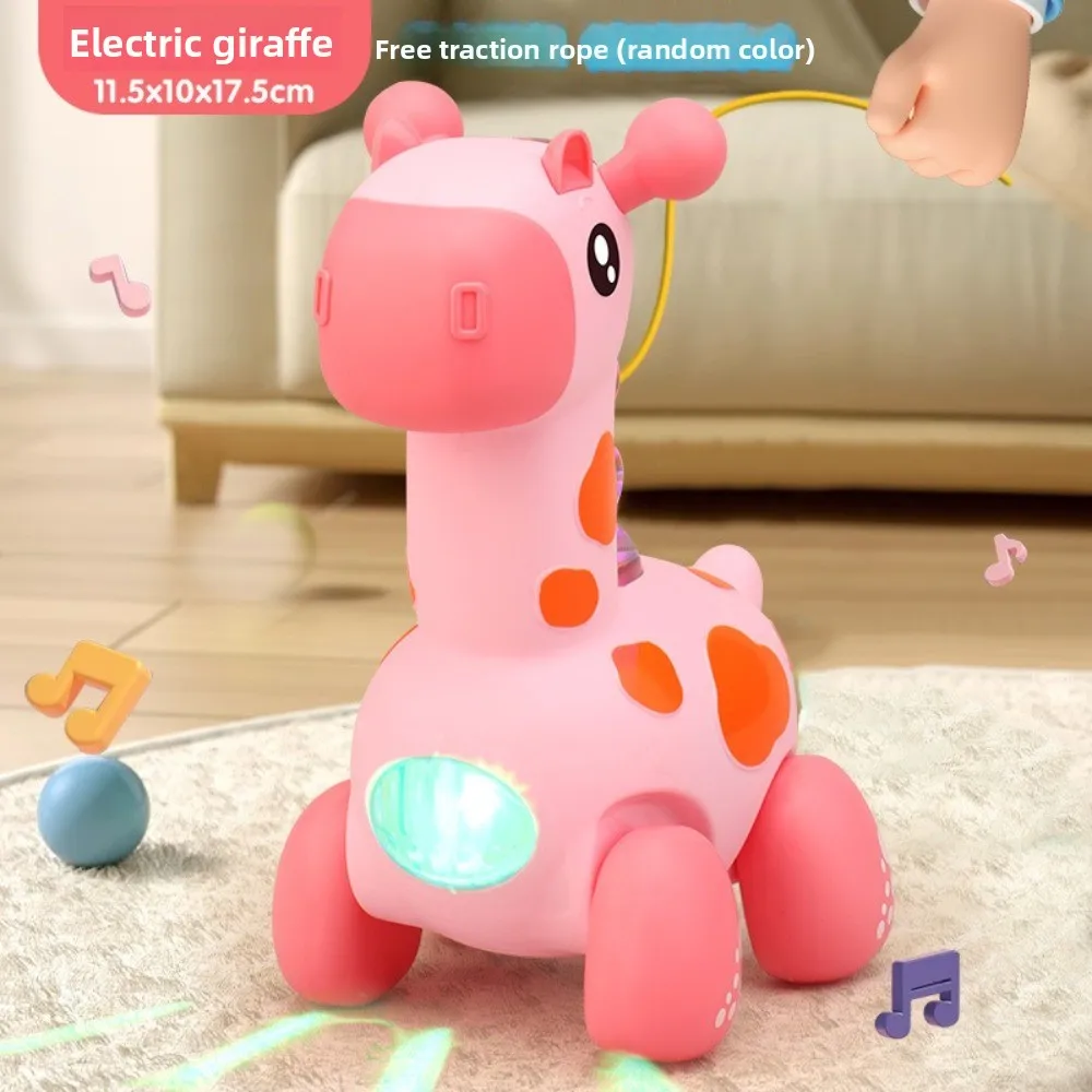 Mainan Jerapah Lucu dengan Suara dan Lampu, Mainan Hewan Plastik Elektrik dengan Tali, Kartun Interaktif untuk Tahap Merangkak
