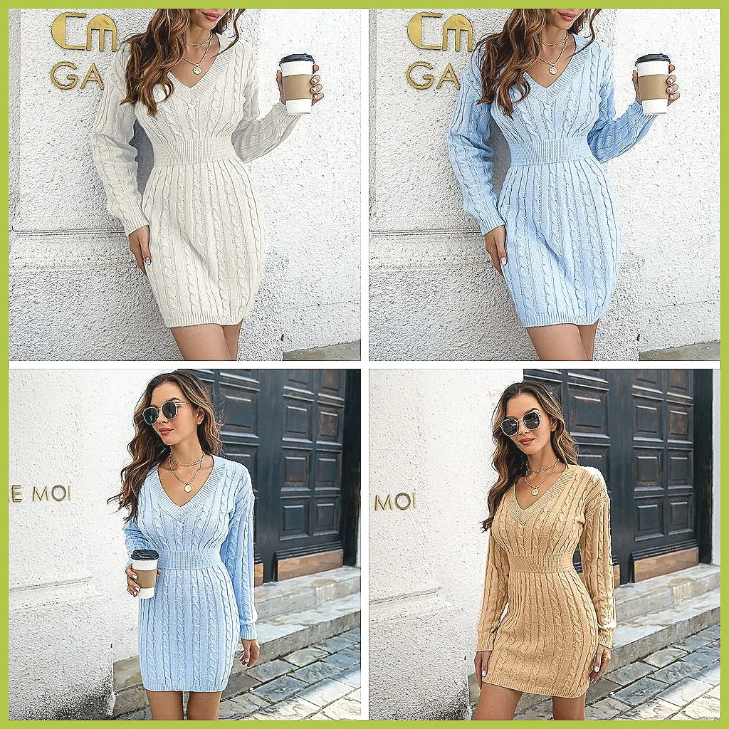 

Women's V-Neck Knit Sweater Dress, Winter Long Sleeve Casual Twist Waist Tunic