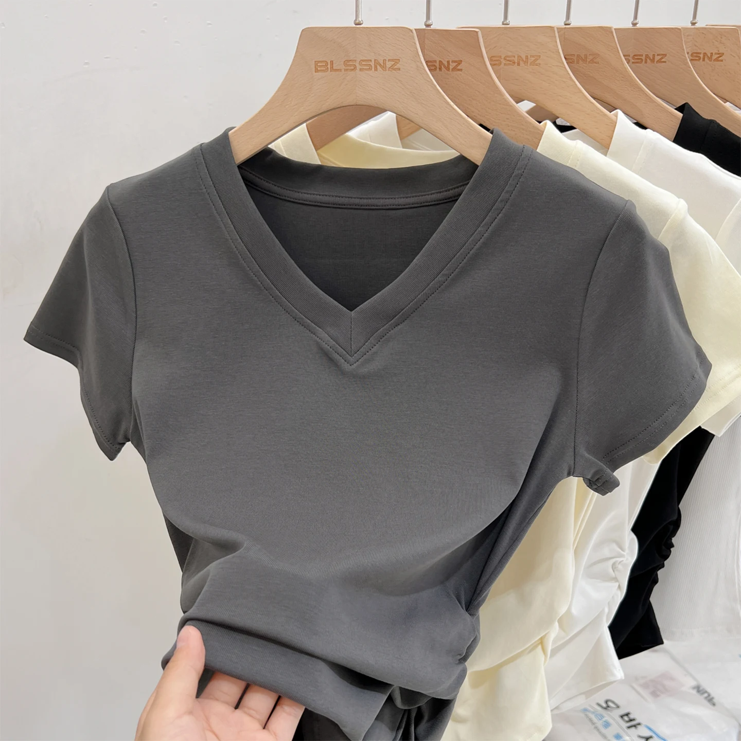 AOSSVIAO Women Short Sleeve T-shirts Casual V-Neck Solid Slim Tee Summer 2025 Simple Versatile T Shirt Female Y2K Tops Clothes