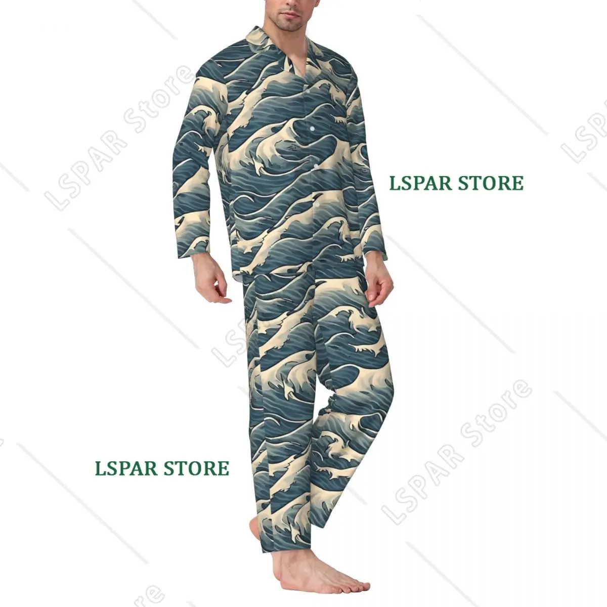 Ocean Blue Wave Print Pajama Sets Autumn Comfortable Leisure Sleepwear Men  Casual Oversize Graphic Nightwear Gift Idea