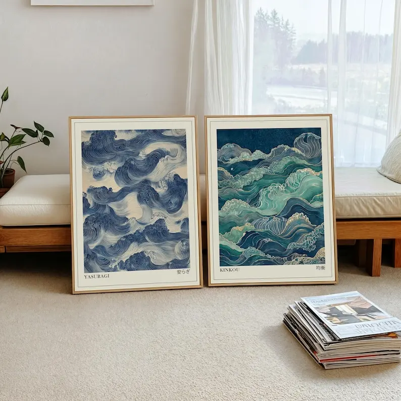 2 piezas de carteles artísticos de pared Japandi con ondas verdes y azules, impresiones en lienzo sin marco estilo Wabi Sabi para decoración de sala de estar y dormitorio