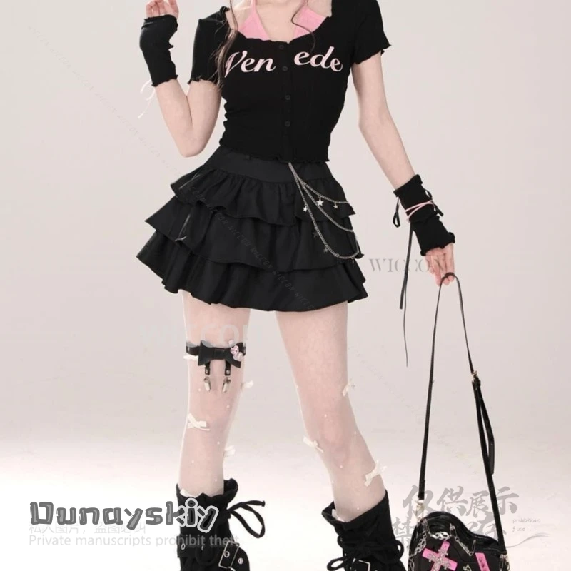 2025 Y2k Jirai Kei, черная юбка для девочек, полудлина, готическая корейская одежда, короткая юбка, универсальная милая пышная юбка с высокой талией для женщин
