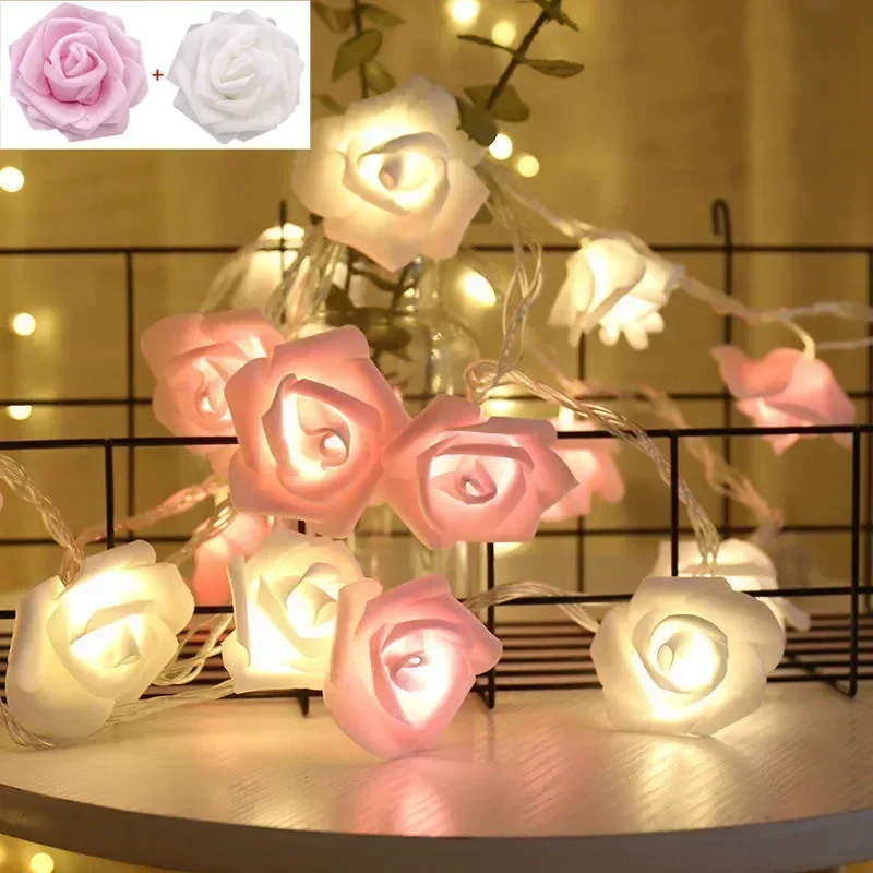 Rose LED Flower String Lights, Fairy Garland Lamp, decoração romântica, casamento, dia dos namorados, festa de Natal, 3m, 20LEDs