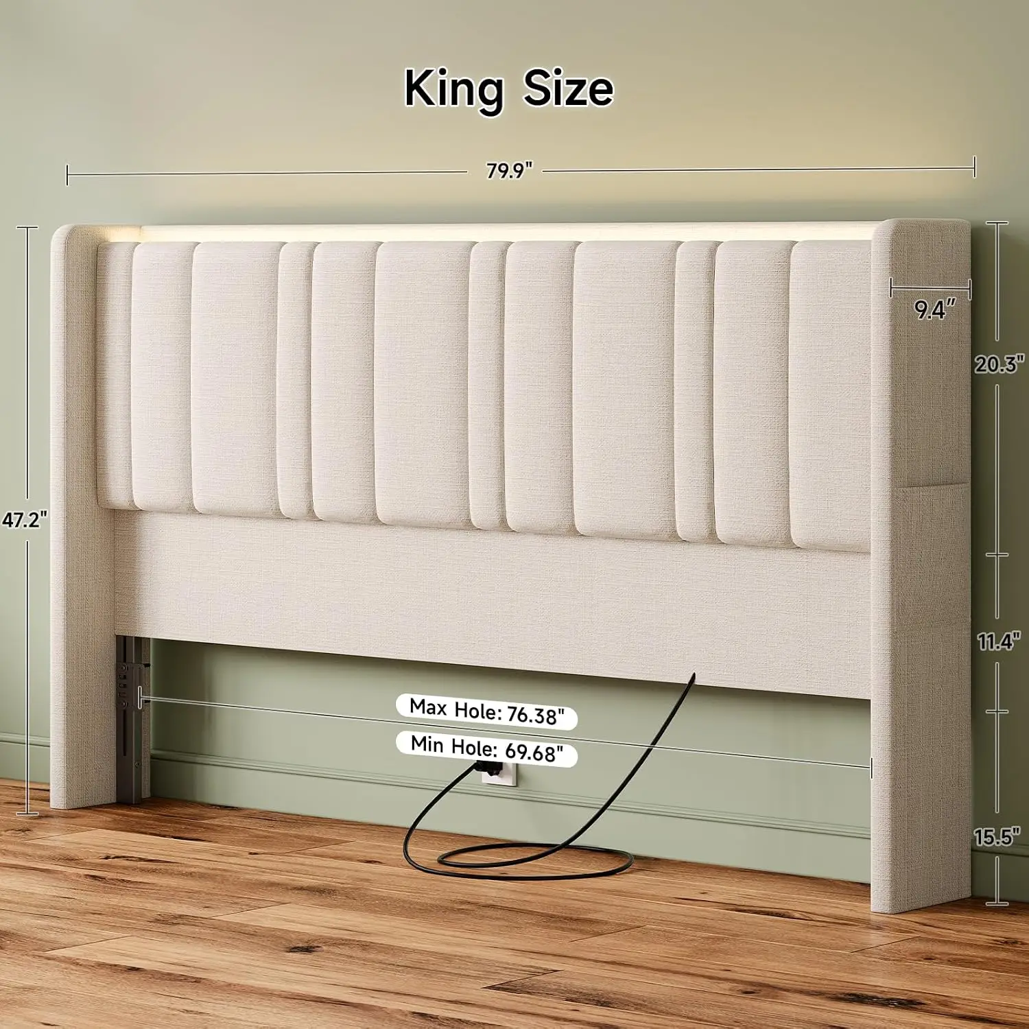 Queen Size Headboard with Storage, Linen Vertical Wingback Headboard Only | LED Light, Customized